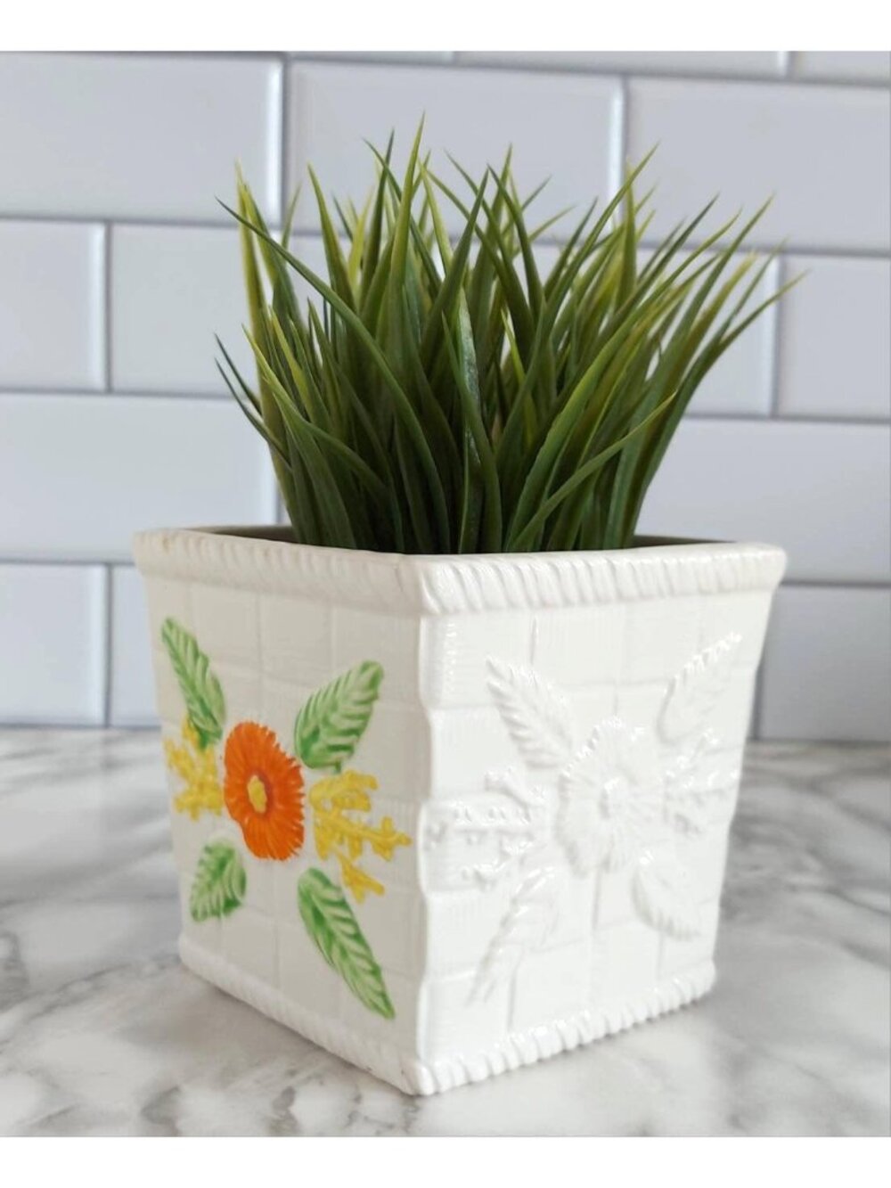 Vintage Ceramic Orange Daisy, Basket Weave Planter